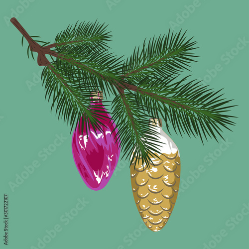 Two Christmas toys on a branch of spruce. Vector image on a green background.