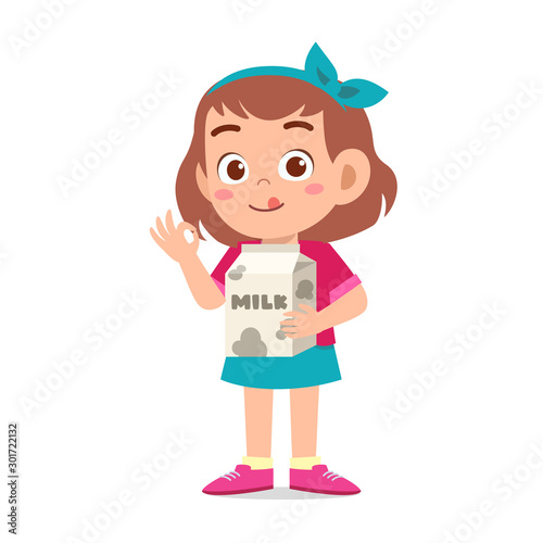 happy cute kid girl holding milk box