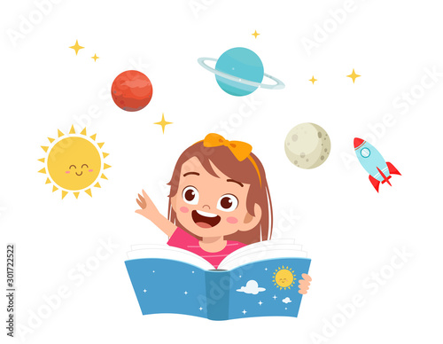 happy cute kid girl study planet and science