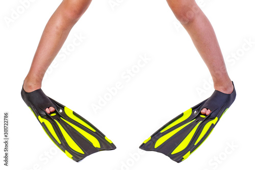 Pair of yellow-black flippers isolated on white background