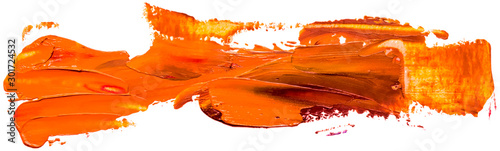 Hand drawn isolated paintbrush stripe with orange color oil. Splatter paint texture. Distress rough background.