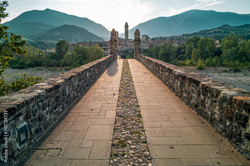 The old medieval bridge of the famous italian borough of Bobbio, Piacenza province, Emilia Romagna, Italy. photo