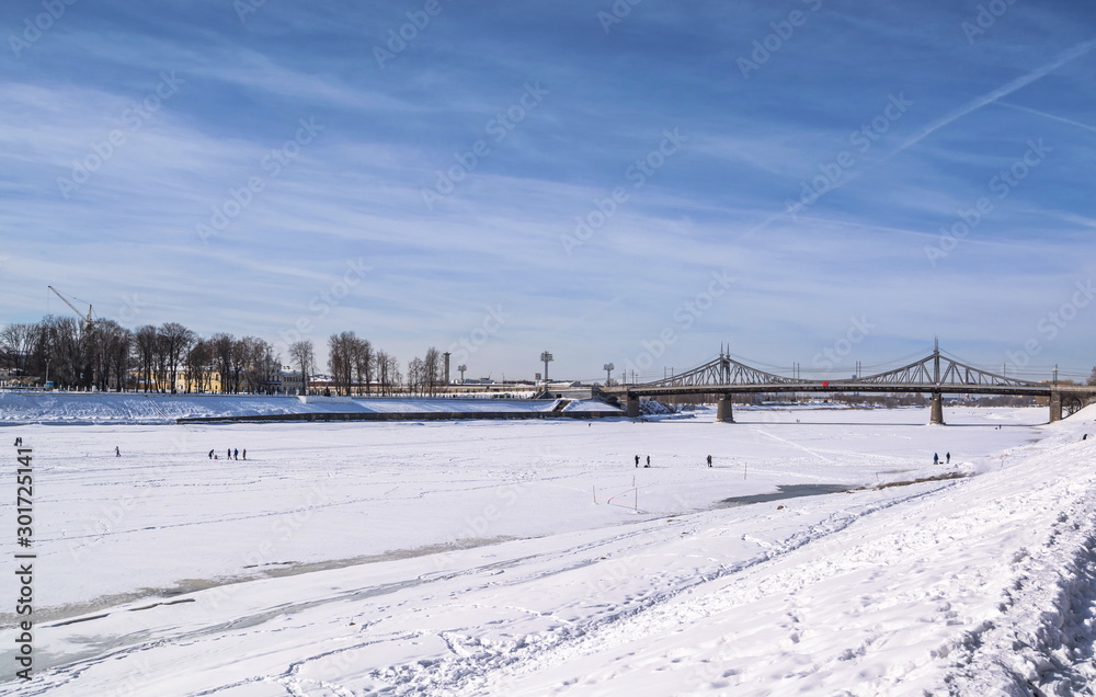 Tver winter landscape with  bridge over thefrozen Volga river