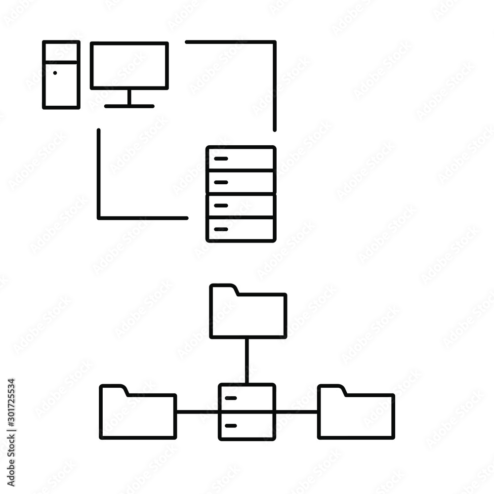 A set of simple icons with a computer and a server folder A set of simple icons with a computer and a server folder