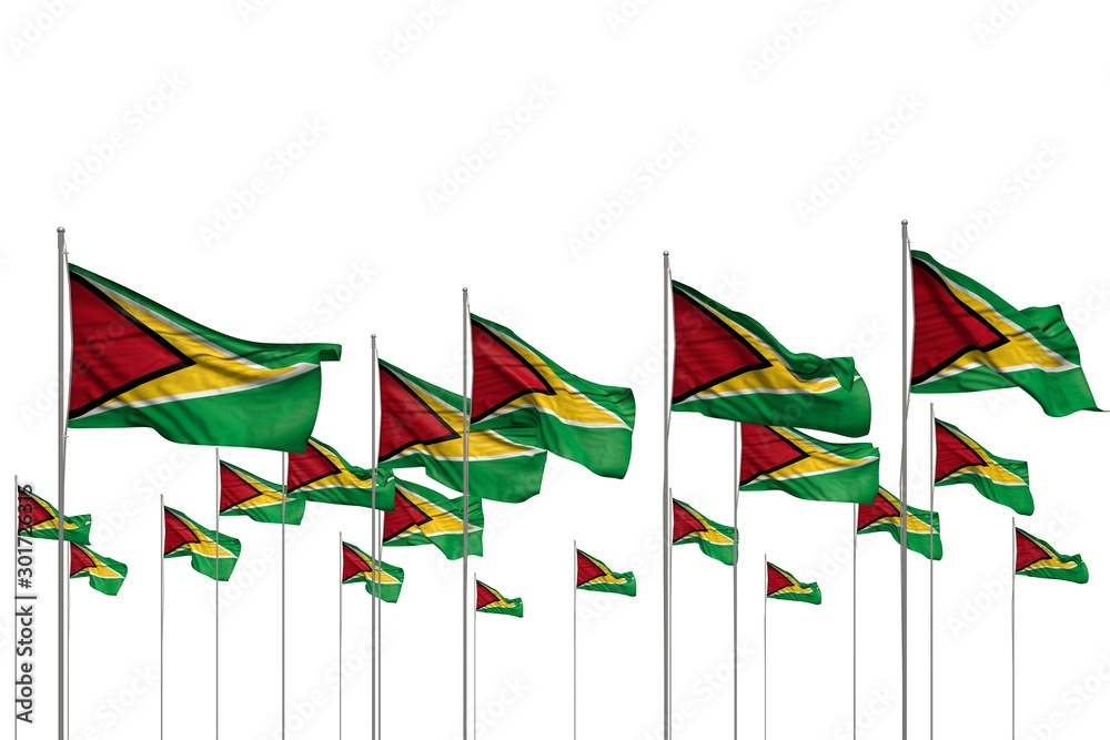 beautiful many Guyana flags in a row isolated on white with empty place for text - any celebration flag 3d illustration.. beautiful many Guyana flags in a row isolated on white with empty place for text - any celebration flag 3d illustration..