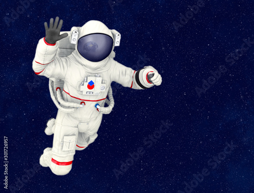 Astronaut waving  reflection of Planet Earth in helmet. Elements of this image furnished by NASA. 3D rendering.