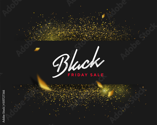 Black friday sale gold glitter background. Black shine gold sparkles background. Super friday sale logo for banner, web, header and flyer, design. Christmas and new year shopping.