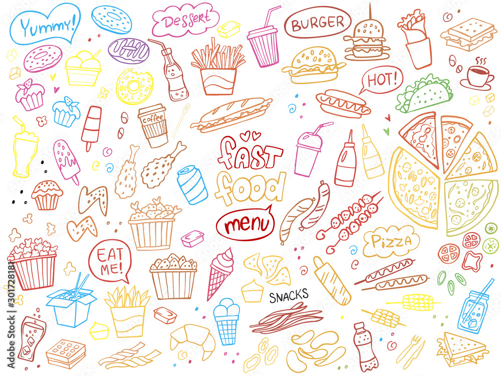 Set of colorful fast food doodles on white. Vector illustration. Perfect for menu or food package design.