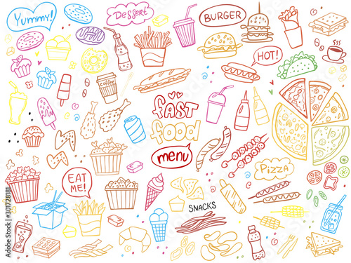 Set of colorful fast food doodles on white. Vector illustration. Perfect for menu or food package design.