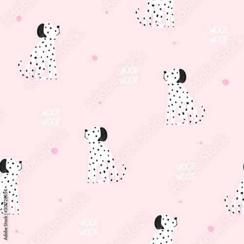 Seamless pattern with dalmatian. Kids pastel print. Vector hand drawn illustration.