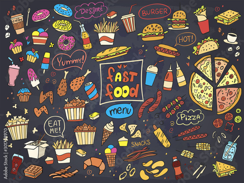 Set of colorful fast food doodle on chalkboard. Vector. Burger, snacks, hamburger, fries, hot dog, tacos, coffee, sandwich, ice cream. Perfect for menu design.