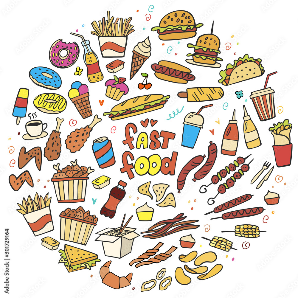 Set of colorful fast food doodle on white background. Vector. Burger,  snacks, hamburger, fries, hot dog, tacos, coffee, sandwich, ice cream,  donut. Perfect for menu design. Round composition. Stock Vector | Adobe