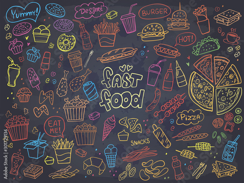 Set of colorful fast food doodles on chalkboard. Vector illustration. Perfect for menu or food package design.