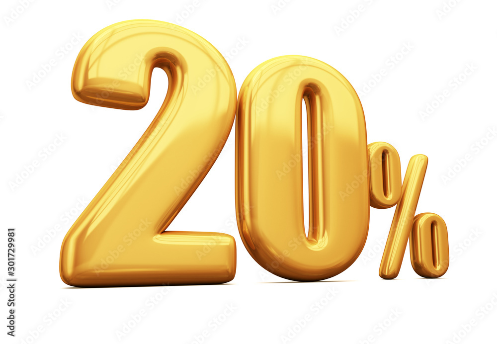 3d render illustration. Golden twenty percent on a white background. 3d render illustration. Golden twenty percent on a white background.