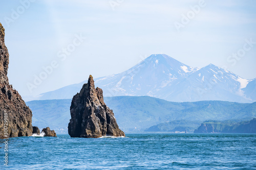 Stone cliffs of the island in the Pacific Ocean. Wildlife of Kamchatka. Far East, Russia