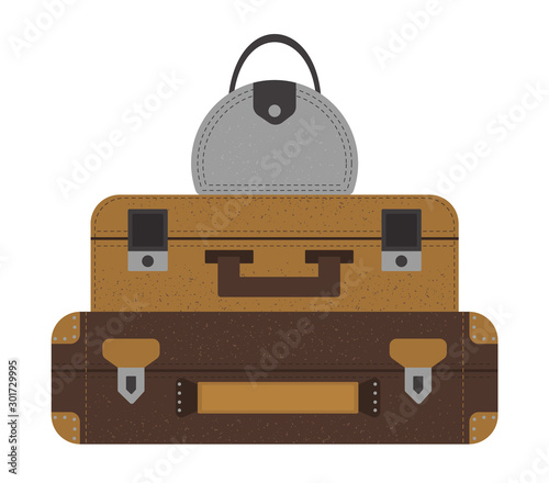 Vector flat illustration of a pile of traveler’s suitcases. Brown luggage icon with label. Travel object isolated on white background. Vacation infographic element..