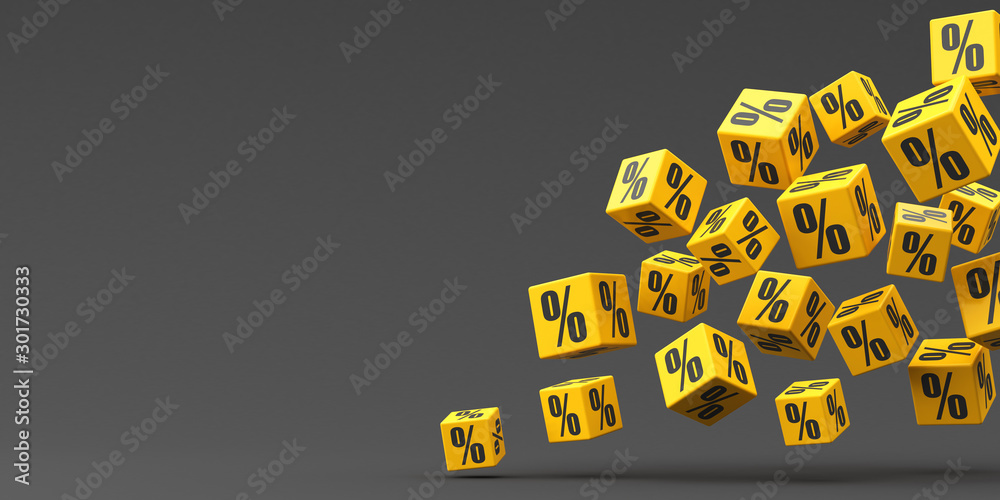 Many flying yellow percent cubes on a black background. 3d render illustration. Black Friday. - obrazy, fototapety, plakaty 