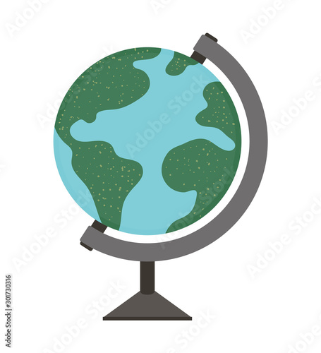Vector flat illustration of a globe on a stand. World sphere map model isolated on white background. Vacation or school infographic element..