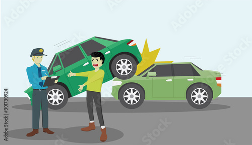 Car accident has occurred on the road. Police came to record the incident. People discuss issues with officials.