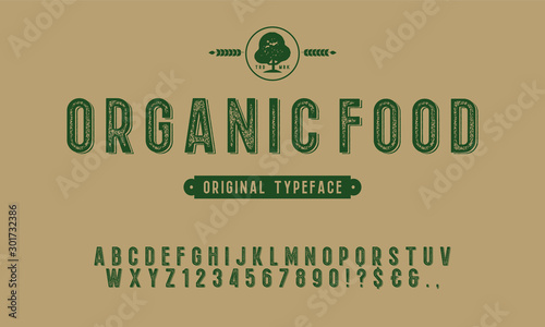 Hand Drawn Rustic Farm Fresh Vector Typeface.Organic alphabet with imprint effect. Retro grunge marker for organic packaging design. Stamp lettering.Vintage Retro Textured Decorative Type.