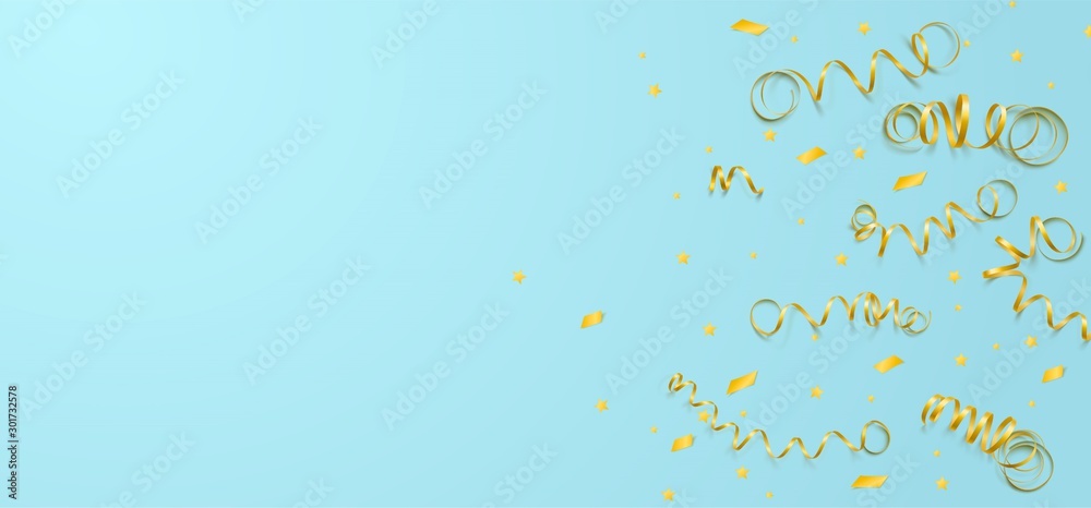 Vector celebration template with serpentine and confetti and carnival ribbon on azure background. Holiday backgrop.