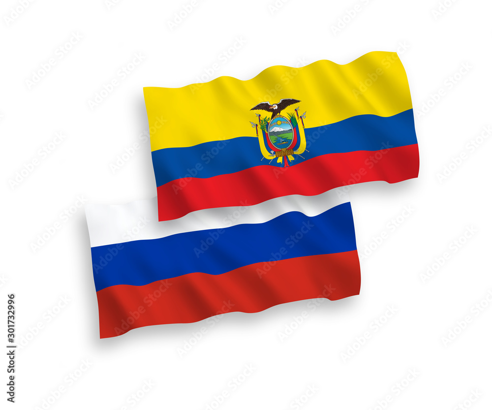 National vector fabric wave flags of Ecuador and Russia isolated on white background. 1 to 2 proportion. National vector fabric wave flags of Ecuador and Russia isolated on white background. 1 to 2 proportion.