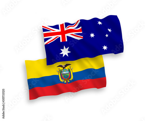 National vector fabric wave flags of Australia and Ecuador isolated on white background. 1 to 2 proportion.
