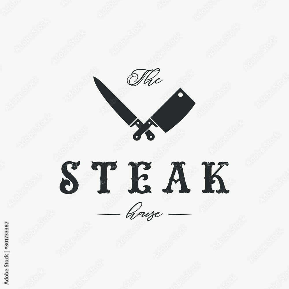Steak house set logo with grill, steak, knife, meat, wine and beer. A restaurant. Steak cafe. Vector illustration. Steak house set logo with grill, steak, knife, meat, wine and beer. A restaurant. Steak cafe. Vector illustration.