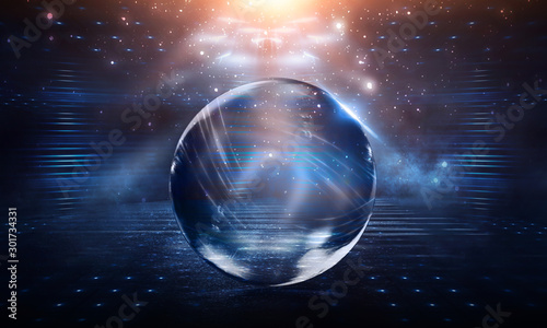 A transparent glass ball with reflection in the center of an abstract dark background. Smoke, empty scene background. 3D illustration