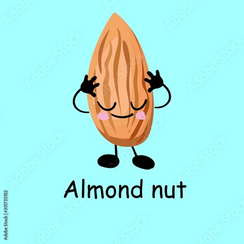 Almonds. Cute nut character with hands and eyes. Cartoon fruit or vegetable. Useful vegan food.