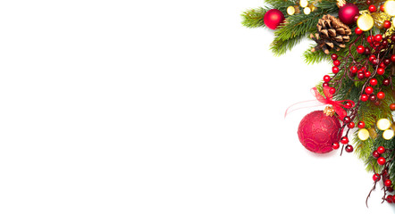 Red Christmas and New Year border Decoration, isolated on white background. Border art design with holiday baubles. Beautiful Xmas tree closeup decorated with balls, garland, tinsel. Top view, flatlay