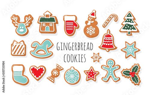 Christmas Gingerbread Cookies big set. Traditional decorative elements. Cute stickers for winter holidays design. Vector