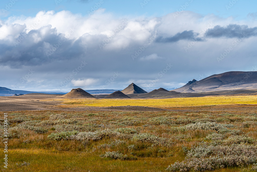 vulcanic landscape with vulcanos and craters in the northern Ihighland of Iceland, Europe, landscape 