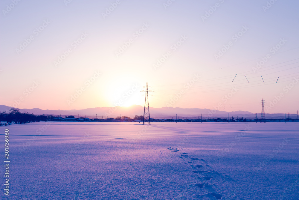 真冬の夕焼け Yamagata Prefecture