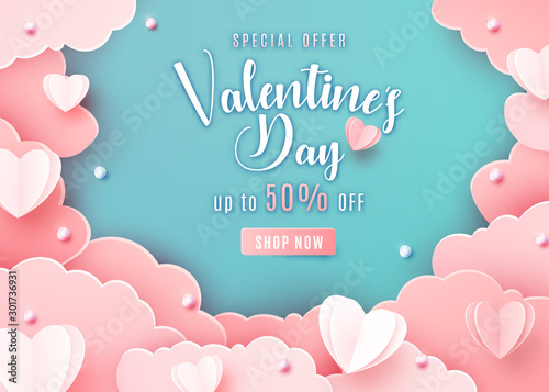 Valentines day sale background in trendy paper cut style. Paper clouds, hearts and realistic pearls border frame. Template sale banner, text offer 50 off