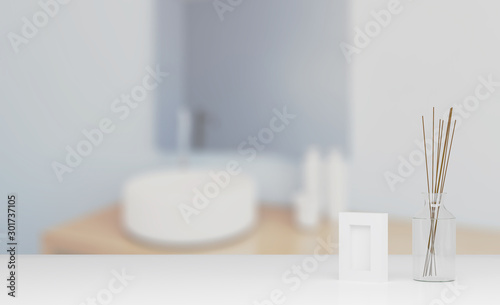 bathroom accessories on a white table, against a light interior. 3D rendering © COK House