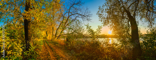 Landscape panorama at fall season with path along lake and trees with beautiful sunset 