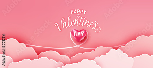 Happy valentines day greeting background in papercut realistic style. Paper clouds and realistic heart in love line. Pink banner party invitation template. Calligraphy words text sign on copy space