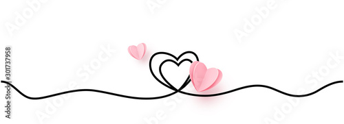 Continuous line heart shape border with realistic paper heart on white background for valentines, women, mother day greeting invitation graphic design