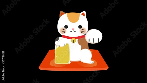 Cute kawaii Japanese lucky cat, fortune cat waving/maneki neko. Isolated 2d animation loop