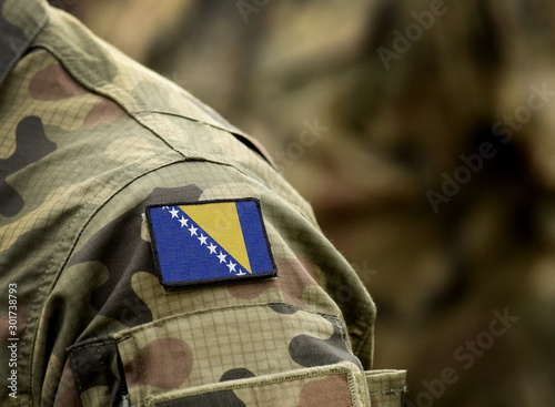 Flag of Bosnia and Herzegovina on military uniform. Army, troops, soldiers. Collage.