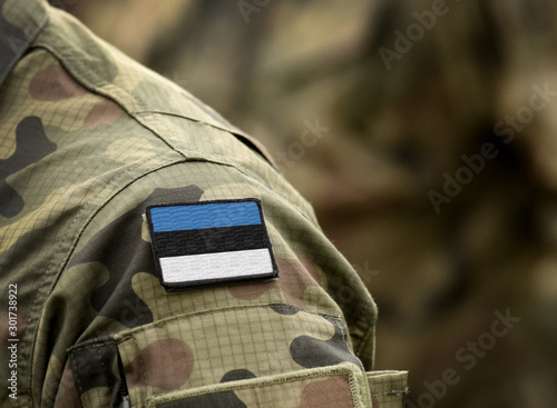 Flag of Estonia on military uniform. Army, troops, soldiers. Collage.
