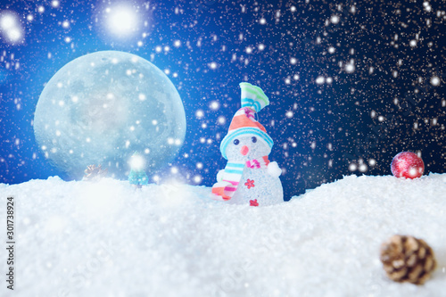 Christmas snowman with Xmas lights and snow on moonlights. The elements of this image furnished by NASA