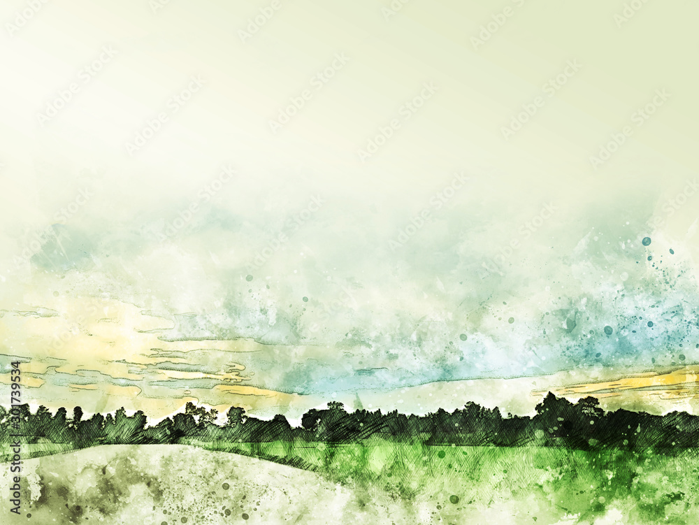 Abstract tree and field landscape in Thailand on watercolor illustration painting background..