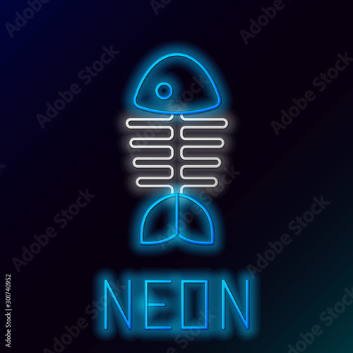 Blue glowing neon line Fish skeleton icon isolated on black background. Fish bone sign. Colorful outline concept. Vector Illustration
