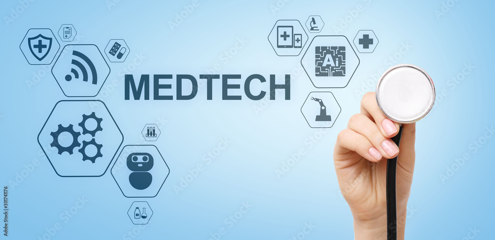 Medtech medical technology information integration internet big data concept on virtual screen. Doctor with stethoscope. Medtech medical technology information integration internet big data concept on virtual screen. Doctor with stethoscope.