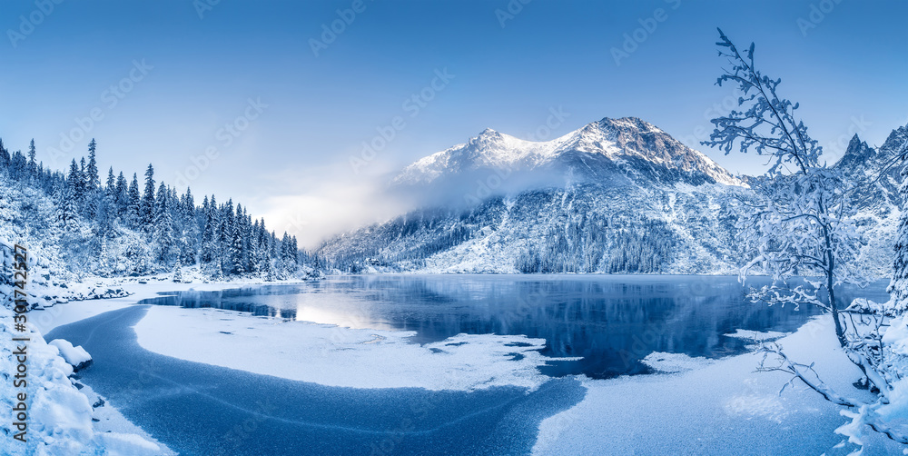 Winter panoramic landscape with scenic frozen mountain lake Stock Photo |  Adobe Stock