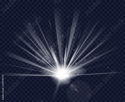 Magic light effect with rays, star dust, center glow on transparent background. Christmas light and sparkles. Glowing burst and lens flare effect. Magical light.