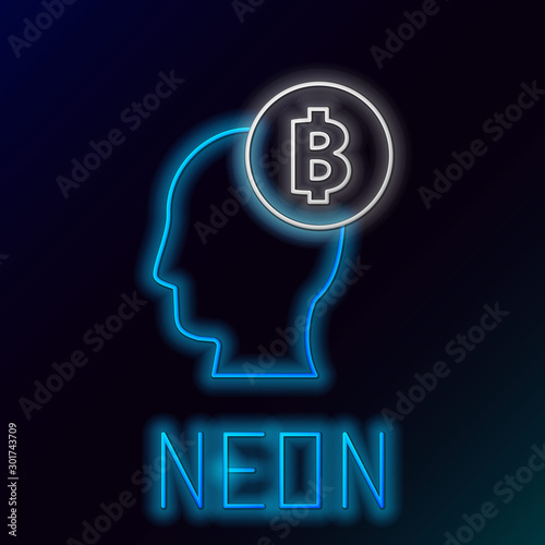 Blue glowing neon line Bitcoin think icon on black background. Cryptocurrency head. Blockchain technology, digital money market, cryptocoin wallet. Colorful outline concept. Vector Illustration