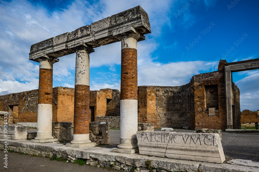 Pompeii Naples Italy, along with Herculaneum and many villas in the surrounding area (e.g. at Boscoreale, Stabiae), was buried  of volcanic ash and pumice in the eruption of Mount Vesuvio
